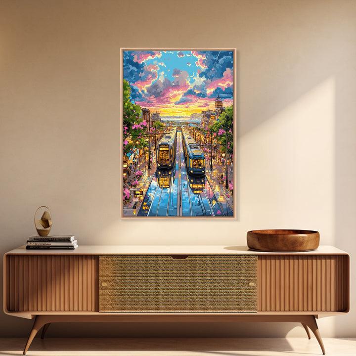 Colorful Tram Street At Sunset Canvas Print, Urban Landscape Wall Art, City Travel Poster, Eclectic Living Room Home Decor