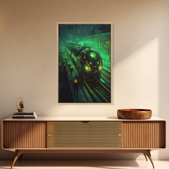 Glowing Green Futuristic Train Station Wall Art, Cyberpunk Railway Canvas, Dark Sci Fi Cityscape Office Decor, Gaming Room Art