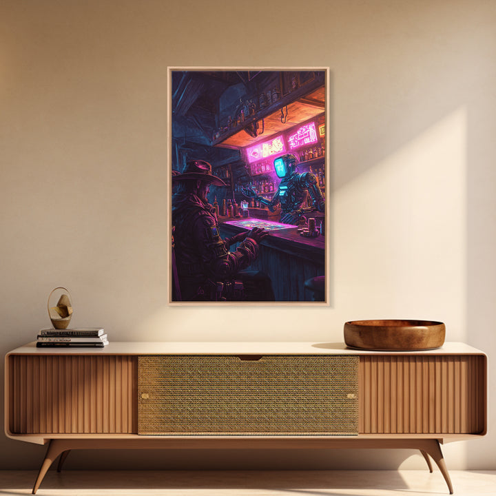 Neon Robot Bartender And Cyber Cowboy Saloon Wall Art, Futuristic Western Canvas Print, Sci Fi Bar Decor, Man Cave Gift Idea