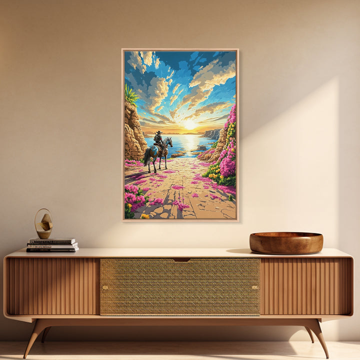 Western Rider On Coastal Flower Path Wall Art, Sunset Seascape Landscape Framed Canvas Print, Beach House Decor Gift Idea