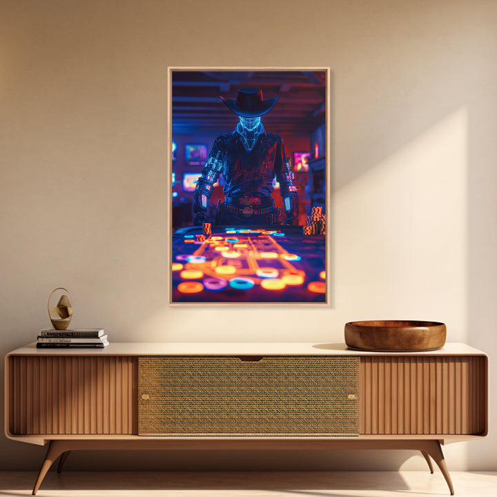 Glowing Robot Cowboy At Neon Poker Table Wall Art, Futuristic Casino Canvas Print, Gaming Room Man Cave Decor Gift For Him