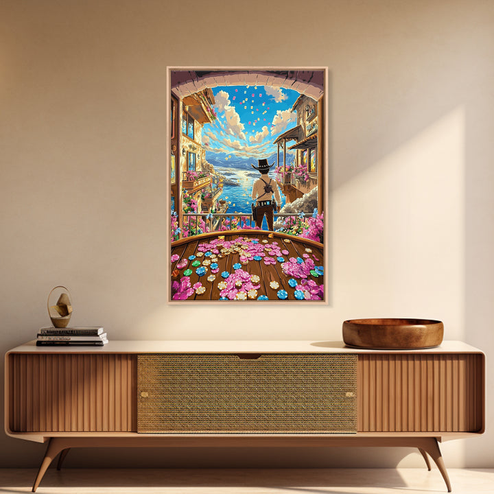 Cowboy Overlooking Coastal Village And Poker Coins Wall Art, Whimsical Western Canvas Print, Beach House Decor Gift For Her