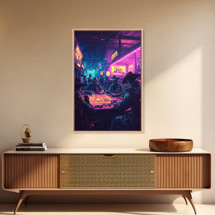 Neon Cyberpunk Cowboy Poker Wall Art, Futuristic Western Decor, Gaming Room Art, Man Cave Decor, Sci Fi Canvas Print, Gift For Him
