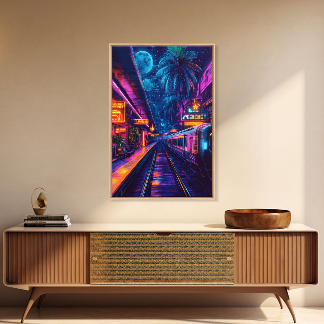 Neon Tropical Cyberpunk Train Wall Art, Futuristic Cityscape Art, Vaporwave Decor, Gaming Room Art, Large Sci Fi Canvas Print