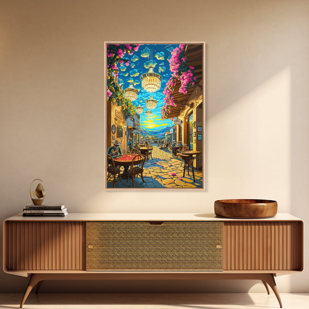 Chandelier Lit Mediterranean Cafe Wall Art, Colorful Travel Poster, Coastal Decor, Dining Room Print, Framed Canvas Print