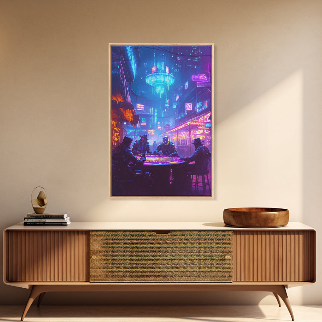 Cyberpunk Poker Table Under Neon Wall Art, Futuristic City Decor, Sci Fi Poster, Gaming Room Art, Man Cave Decor, Large Canvas Print