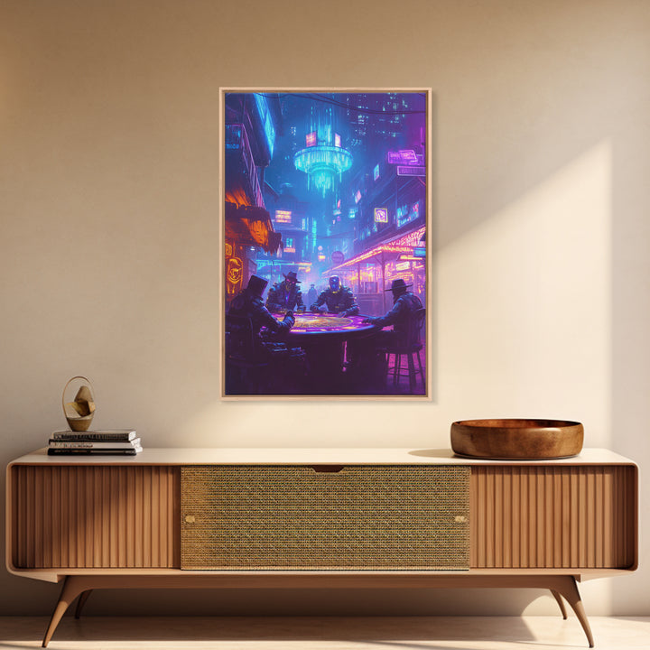 Cyberpunk Poker Table Under Neon Wall Art, Futuristic City Decor, Sci Fi Poster, Gaming Room Art, Man Cave Decor, Large Canvas Print