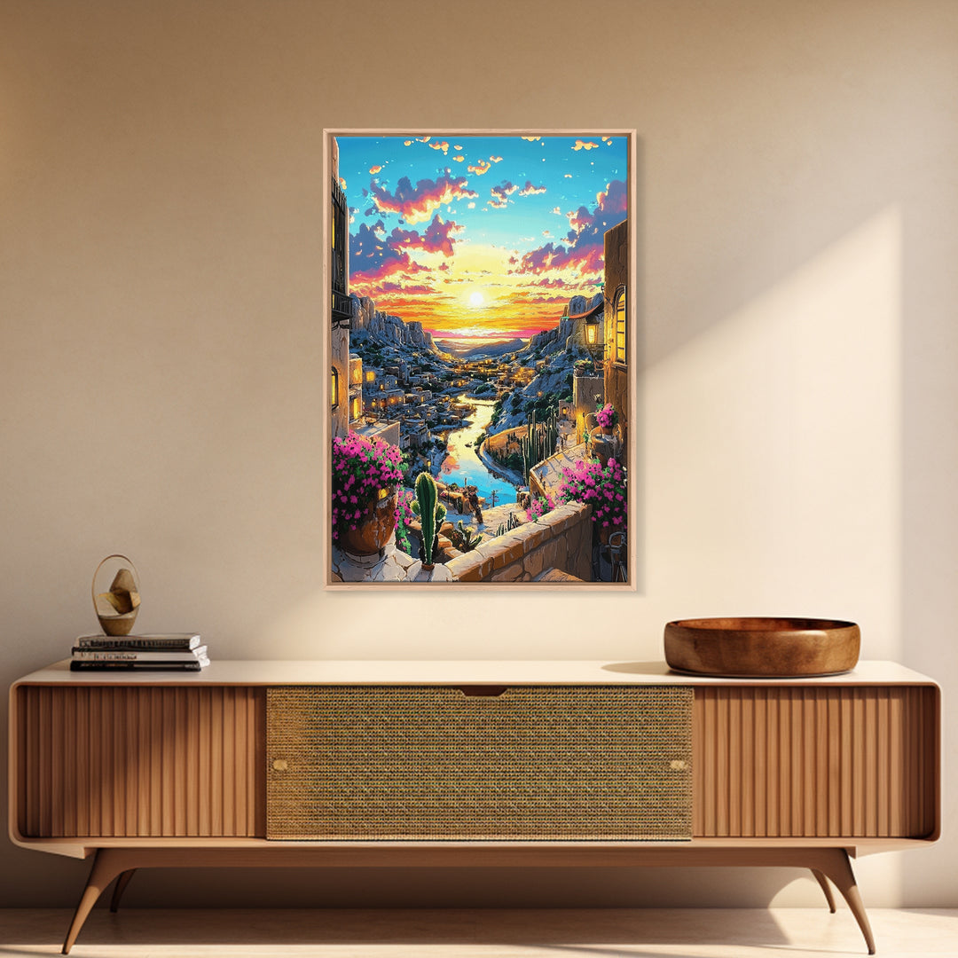 Sunset Canyon Village And River Wall Art, Mediterranean Landscape Print, Coastal Home Decor, Colorful Art, Large Canvas Print