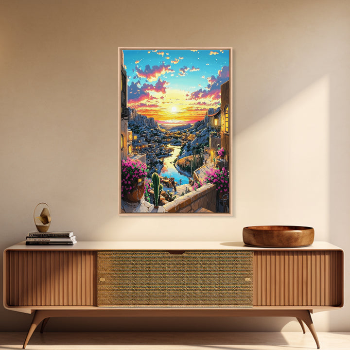 Sunset Canyon Village And River Wall Art, Mediterranean Landscape Print, Coastal Home Decor, Colorful Art, Large Canvas Print