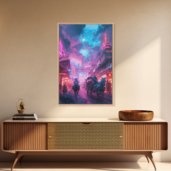 Neon Cyberpunk Horseback City Under Cosmic Sky Wall Art, Futuristic Sci Fi Poster, Gaming Room Decor, Vaporwave Home Decor