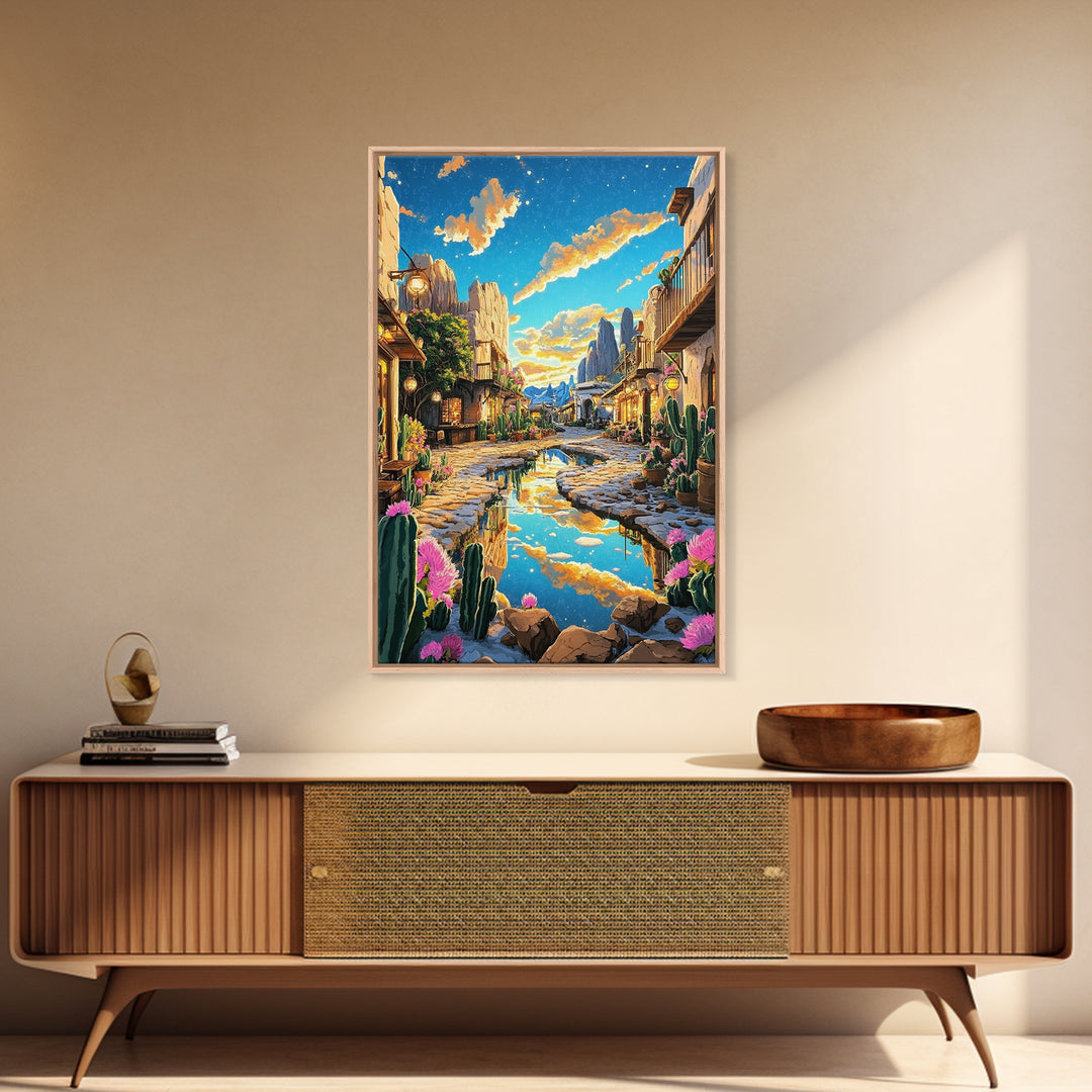 Sunlit Desert Village Street With Cactus And Mountains Canvas Print, Southwestern Wall Art, Boho Home Decor, Travel Poster