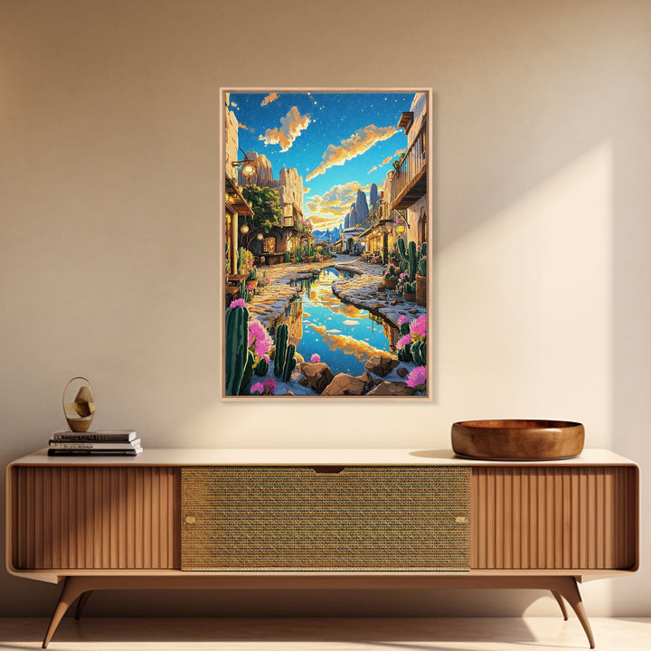 Sunlit Desert Village Street With Cactus And Mountains Canvas Print, Southwestern Wall Art, Boho Home Decor, Travel Poster