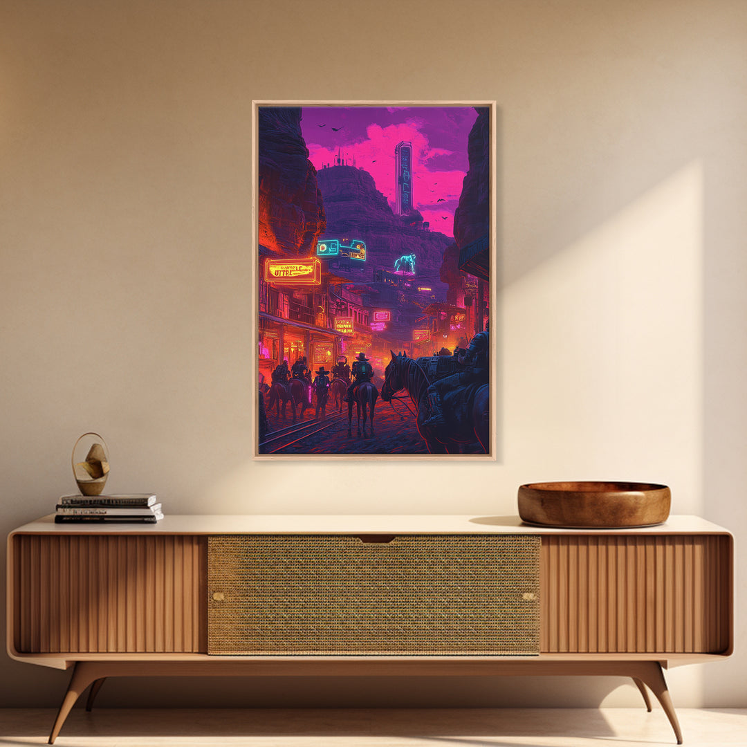 Neon Western Canyon Town With Cowboys Framed Canvas Print, Cyberpunk Wall Art, Futuristic Decor, Gaming Room Poster, Sci Fi Home Decor