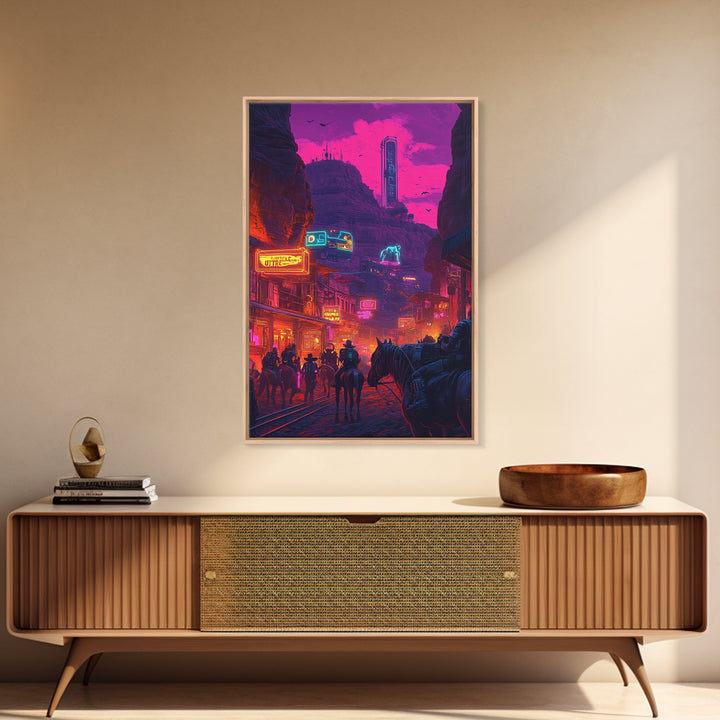 Neon Western Canyon Town With Cowboys Framed Canvas Print, Cyberpunk Wall Art, Futuristic Decor, Gaming Room Poster, Sci Fi Home Decor