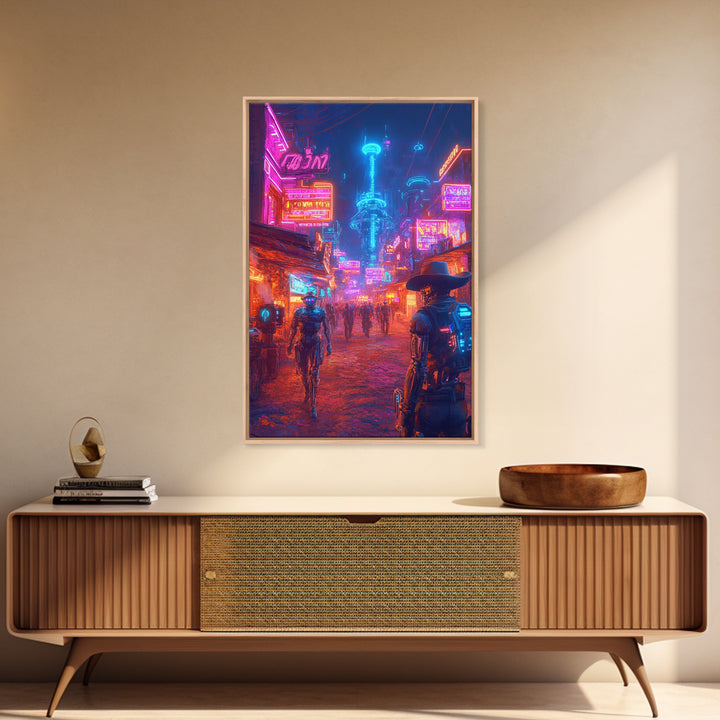 Neon Cyberpunk Cowboy And Robot City Canvas Print, Futuristic Wall Art, Sci Fi Poster, Gaming Room Decor, Vaporwave Gift