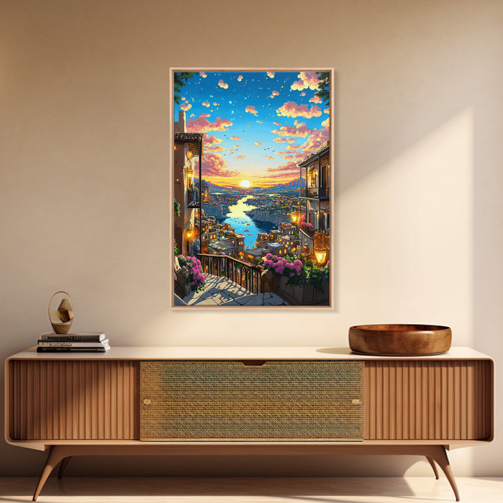 Romantic Sunset River City Balcony With Flowers Wall Art, Mediterranean Travel Poster, Coastal Home Decor, Colorful Art Print