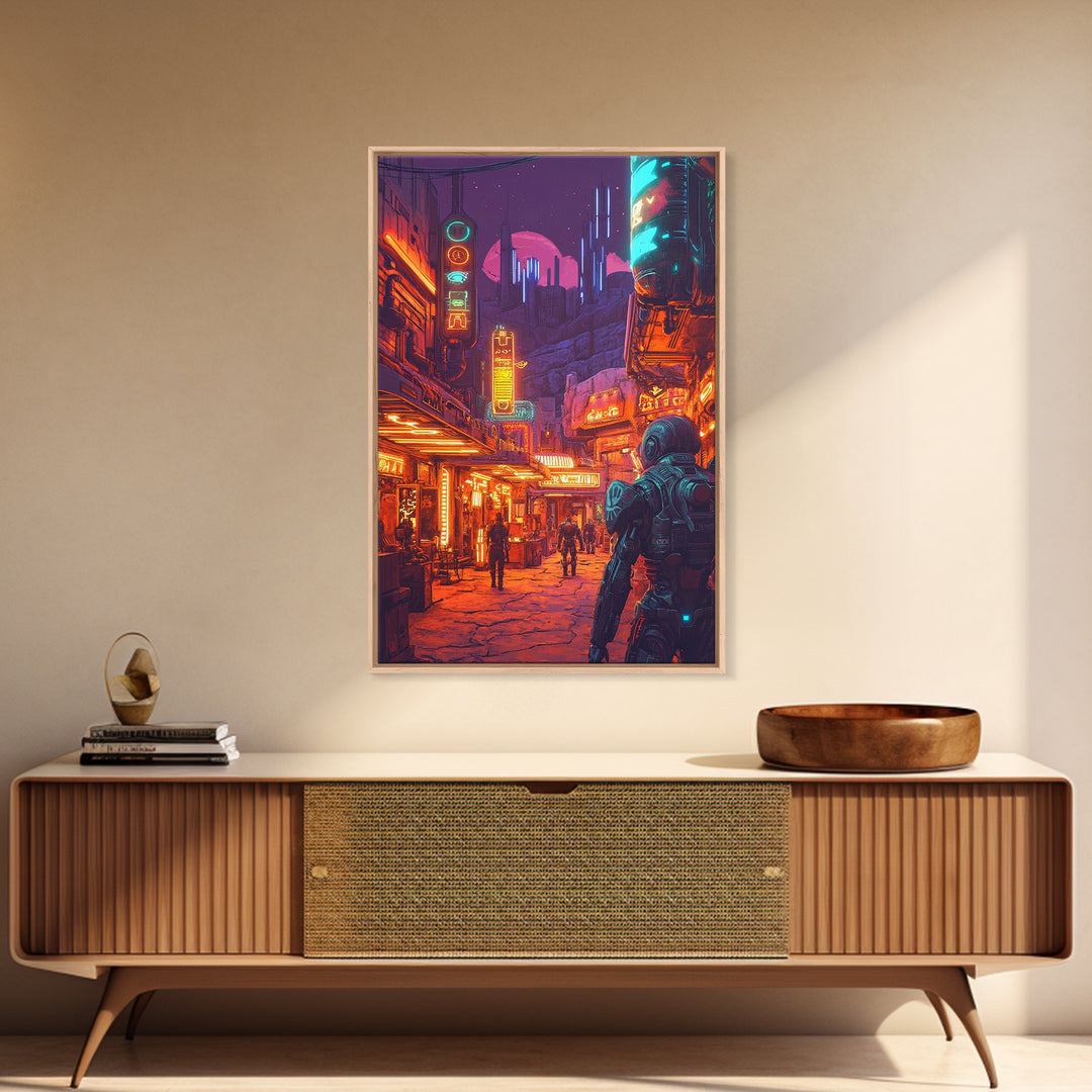 Neon Spaceport Street With Astronaut And Moon Wall Art, Cyberpunk Sci Fi Poster, Gaming Room Decor, Futuristic Canvas Art