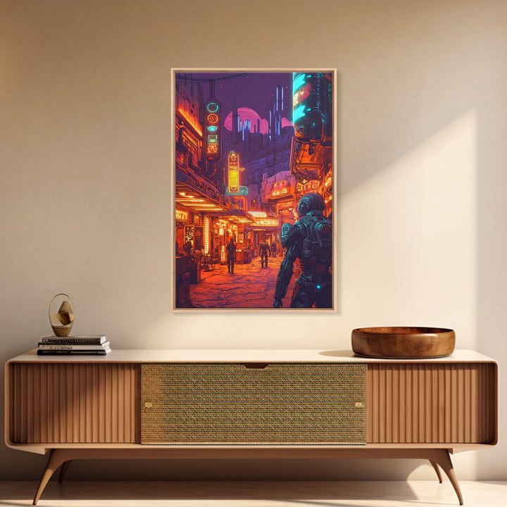 Neon Spaceport Street With Astronaut And Moon Wall Art, Cyberpunk Sci Fi Poster, Gaming Room Decor, Futuristic Canvas Art