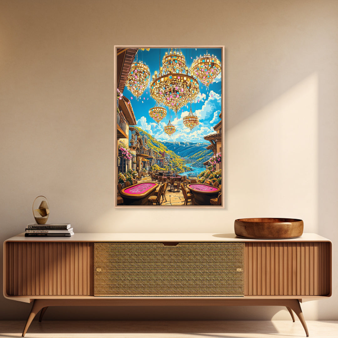 Jeweled Chandeliers Over Alpine Village Canvas Print, Whimsical Mountain Wall Art, Maximalist Luxury Home Decor, Statement Artwork