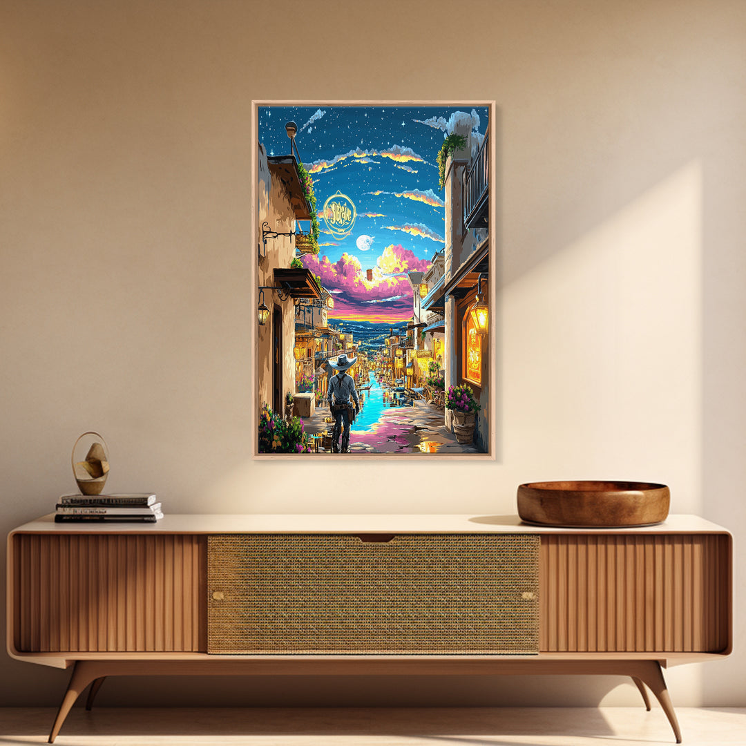 Moonlit Cowboy Canal Street Canvas Print, Western Wall Art, Neon Cityscape, Whimsical Travel Poster, Gift For Him, Living Room Decor