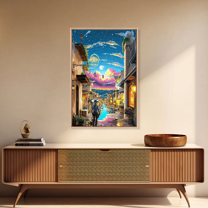 Moonlit Cowboy Canal Street Canvas Print, Western Wall Art, Neon Cityscape, Whimsical Travel Poster, Gift For Him, Living Room Decor