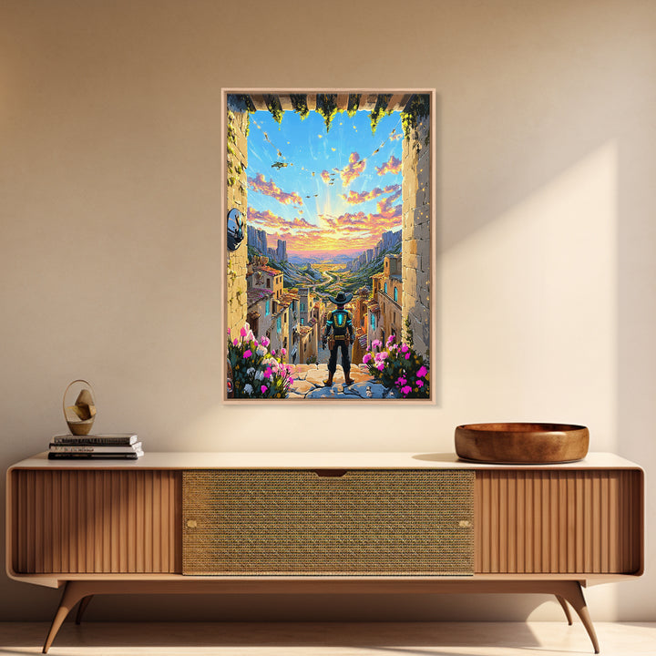 Robot Cowboy Canyon Gateway Canvas Print, Western Sci Fi Wall Art, Desert Landscape, Futuristic Home Office Decor, Gift For Him