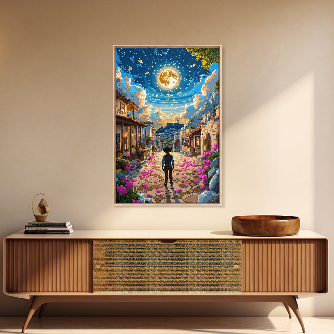 Golden Full Moon Village Path Canvas Print, Celestial Wall Art, Mediterranean Night Sky, Whimsical Bedroom Decor, Moon Art Print