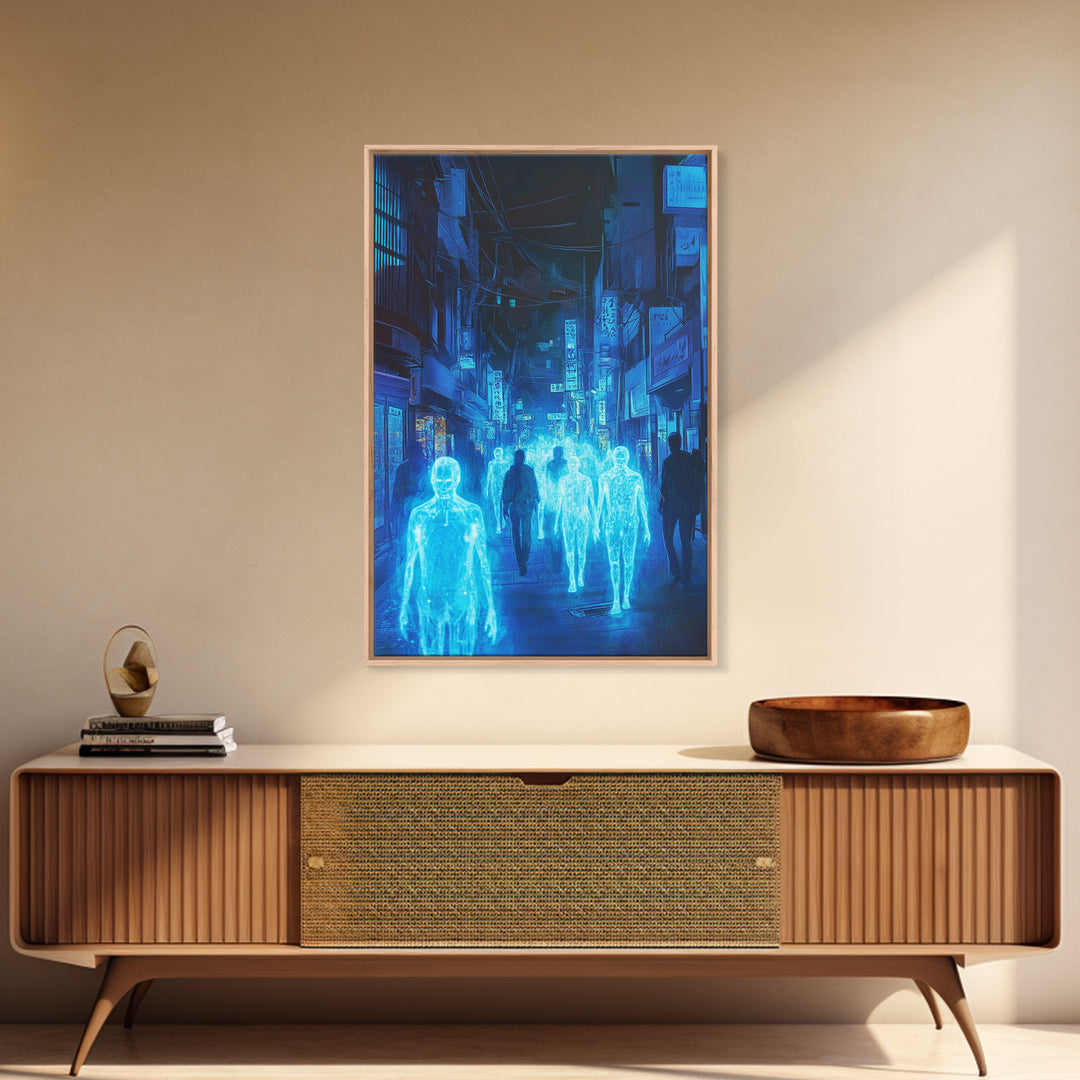 Blue Hologram Figures In Cyberpunk Alley Framed Canvas Print, Neon Wall Art, Sci Fi Cityscape, Gaming Room Decor, Futuristic Decor