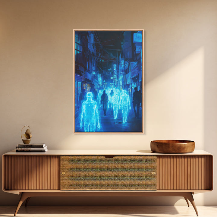 Blue Hologram Figures In Cyberpunk Alley Framed Canvas Print, Neon Wall Art, Sci Fi Cityscape, Gaming Room Decor, Futuristic Decor