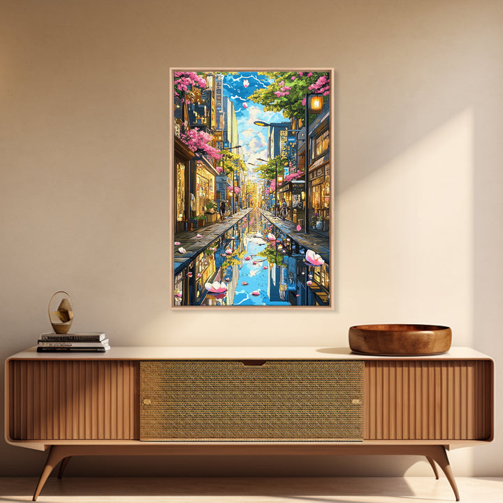 Cherry Blossom Rainy Tokyo Street Canvas Print, Japanese Wall Art, Urban Cityscape, Spring Gallery Wall Decor, Living Room Decor
