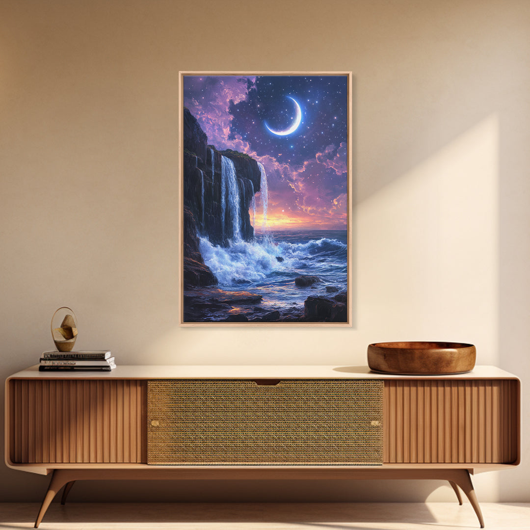 Crescent Moon Waterfall Ocean Canvas Print, Celestial Wall Art, Fantasy Seascape, Coastal Bedroom Decor, Starry Night Sky, Gift For Her