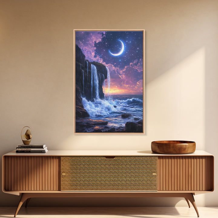 Crescent Moon Waterfall Ocean Canvas Print, Celestial Wall Art, Fantasy Seascape, Coastal Bedroom Decor, Starry Night Sky, Gift For Her