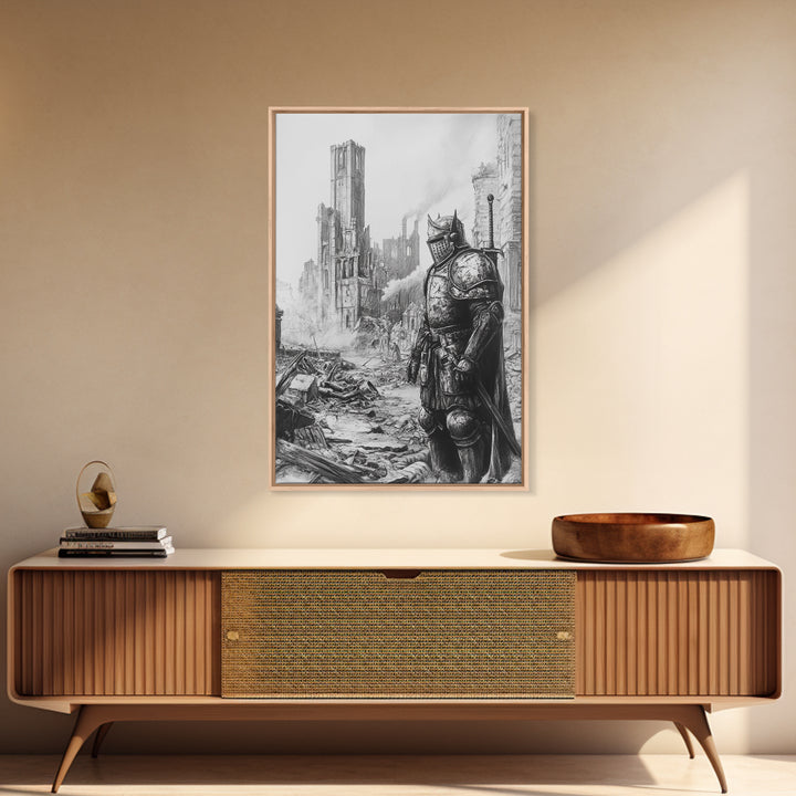 Black And White Armored Knight In Ruined Gothic City Wall Art, Dark Fantasy Medieval Warrior Print For Office Decor