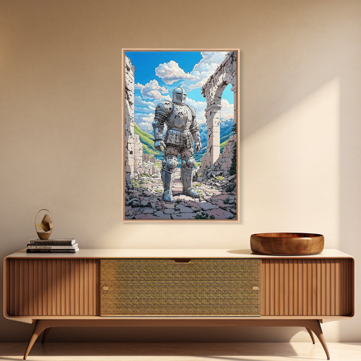 Polished Silver Knight In Alpine Ruins Canvas Print, Fantasy Warrior Mountain Landscape Art For Game Room Decor Gift For Him