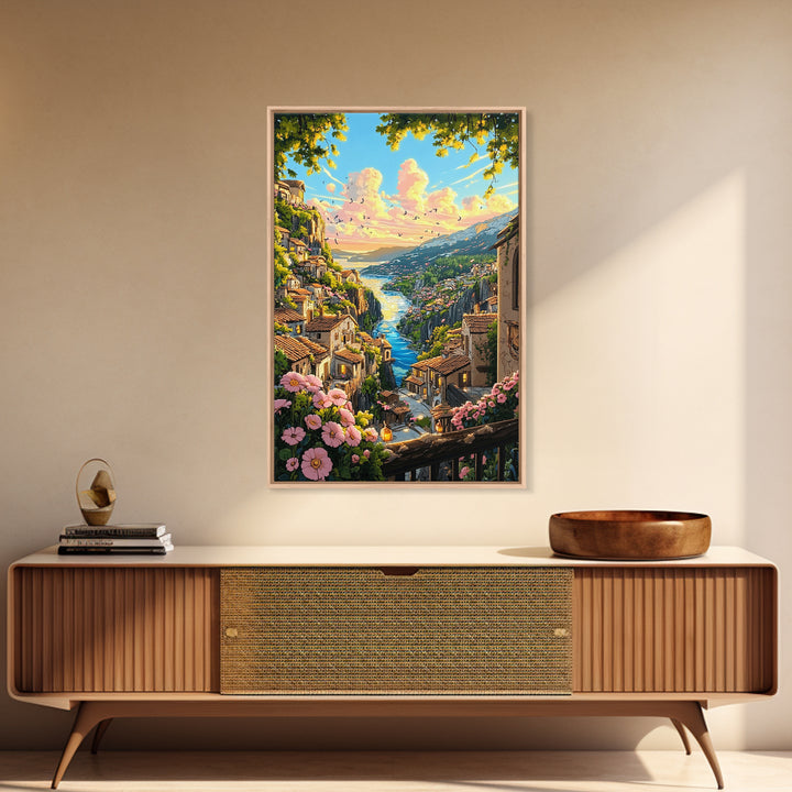 Sunlit Italian Cliff Village With River And Flowers Framed Canvas Print, Mediterranean Landscape Wall Decor Gift For Her