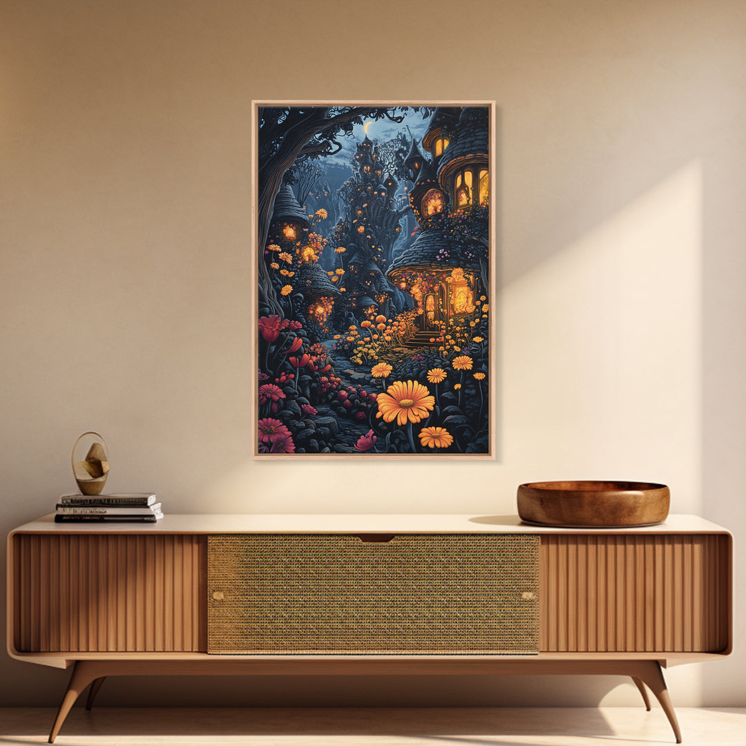 Dark Enchanted Forest Village With Glowing Flower Windows Wall Art, Gothic Fairy Tale Fantasy Canvas Print For Moody Decor