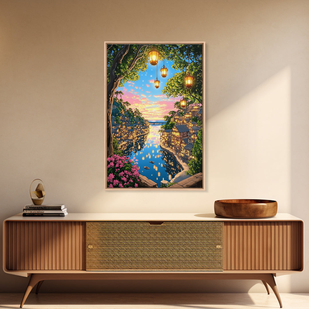 Lantern Lit Sunset Harbor Village Wall Art, Romantic Coastal Landscape Canvas Print For Living Room Decor And Housewarming Gift