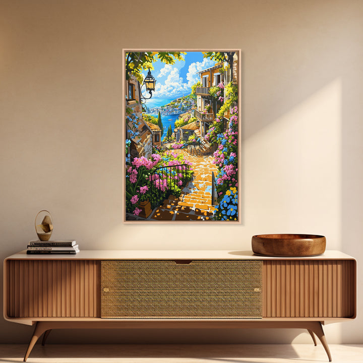 Mediterranean Coastal Stairway With Bougainvillea Canvas Print, Travel Poster Wall Art, Colorful Living Room Decor Housewarming Gift