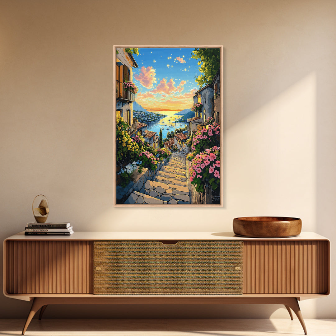 Sunlit Mediterranean Village Stairway Canvas Print, Coastal Wall Art, Italy Decor, Summer Travel Poster, Living Room Decor