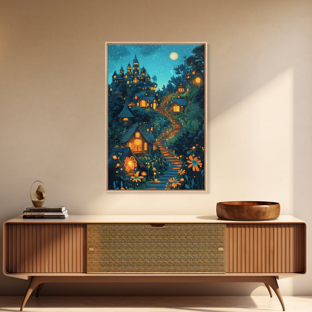 Moonlit Enchanted Village Wall Art, Whimsical Fairy Tale Castle, Fantasy Art Print, Nursery Decor, Cozy Bedroom Wall Decor