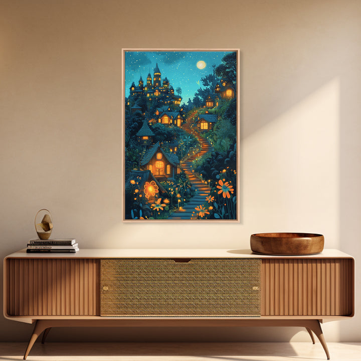 Moonlit Enchanted Village Wall Art, Whimsical Fairy Tale Castle, Fantasy Art Print, Nursery Decor, Cozy Bedroom Wall Decor