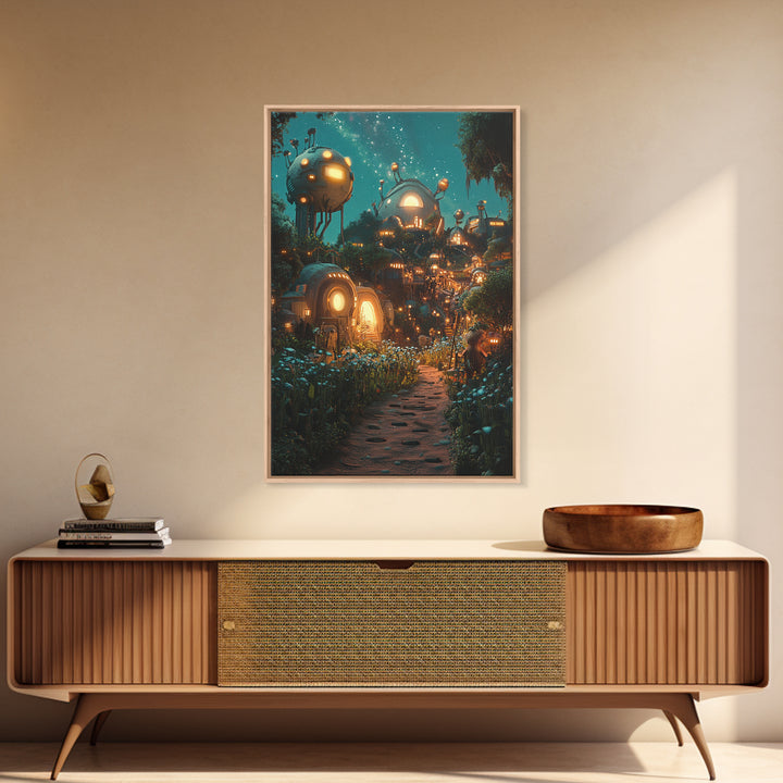 Glowing Futuristic Forest Village Canvas Print, Sci Fi Wall Art, Cyberpunk Decor, Unique Fantasy Landscape, Gaming Room Decor
