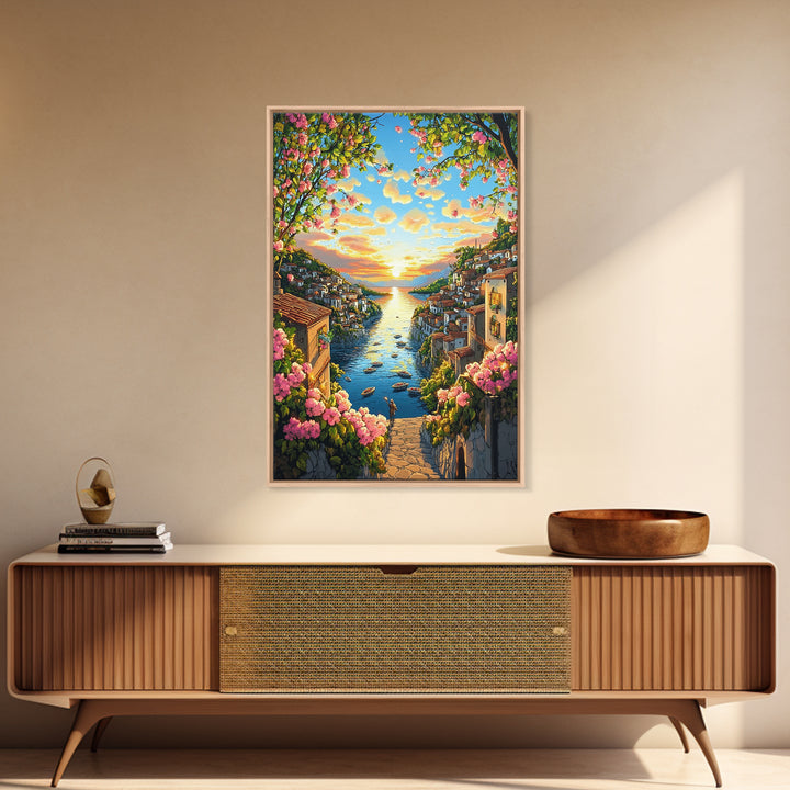Golden Coastal Canal Village Framed Canvas Print, Mediterranean Wall Art, Italy Travel Poster, Summer Decor, Housewarming Gift
