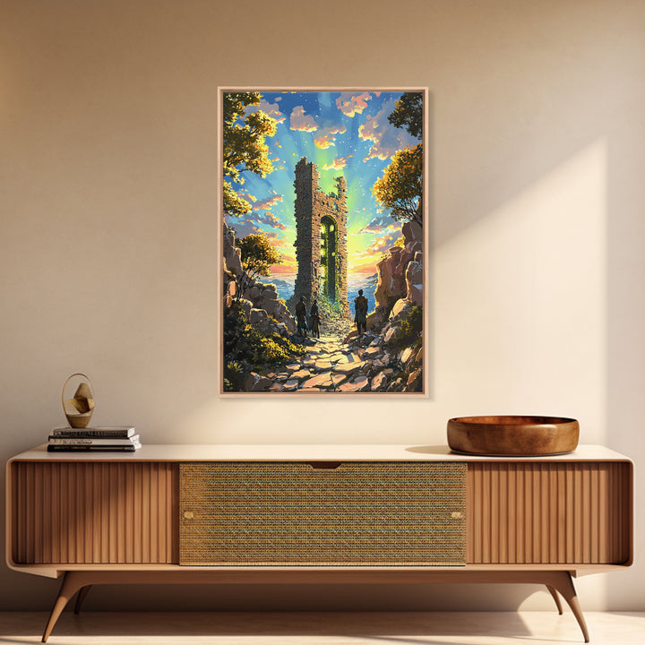 Sunset Ruined Stone Tower Canvas Print, Fantasy Landscape Wall Art, Coastal Castle Poster, Adventure Decor, Living Room Art