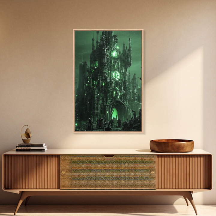 Emerald Gothic Citadel Framed Canvas Print, Dark Fantasy Wall Art, Green Castle Decor, Moody Office Art, Gothic Home Decor