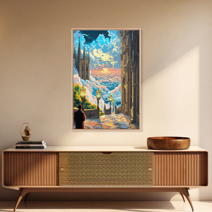 Celestial Cloud City Stairway Framed Canvas Print, Fantasy Wall Art, Sky Castle Decor, Dreamy Landscape, Bedroom Wall Decor