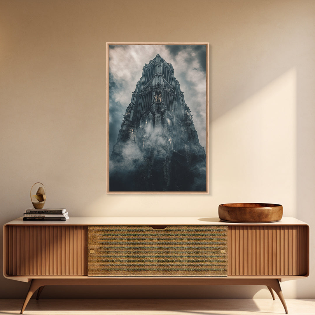 Foggy Gothic Cathedral Tower Wall Art, Dark Academia Fantasy Castle Print, Moody Architecture Decor, Gothic Wall Decor Print