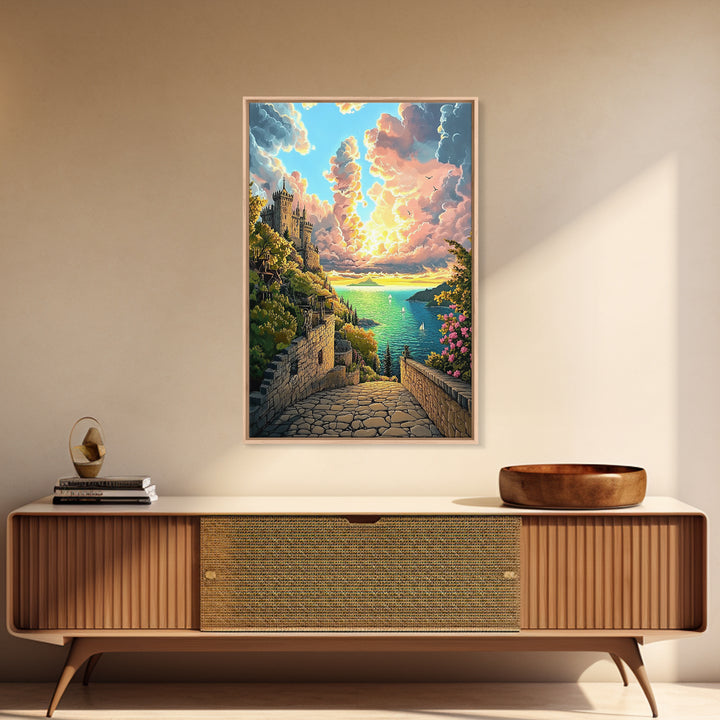 Sunset Castle Coast Path Wall Art, Mediterranean Seascape Canvas Print, Colorful Coastal Decor, Fantasy Landscape Art Print