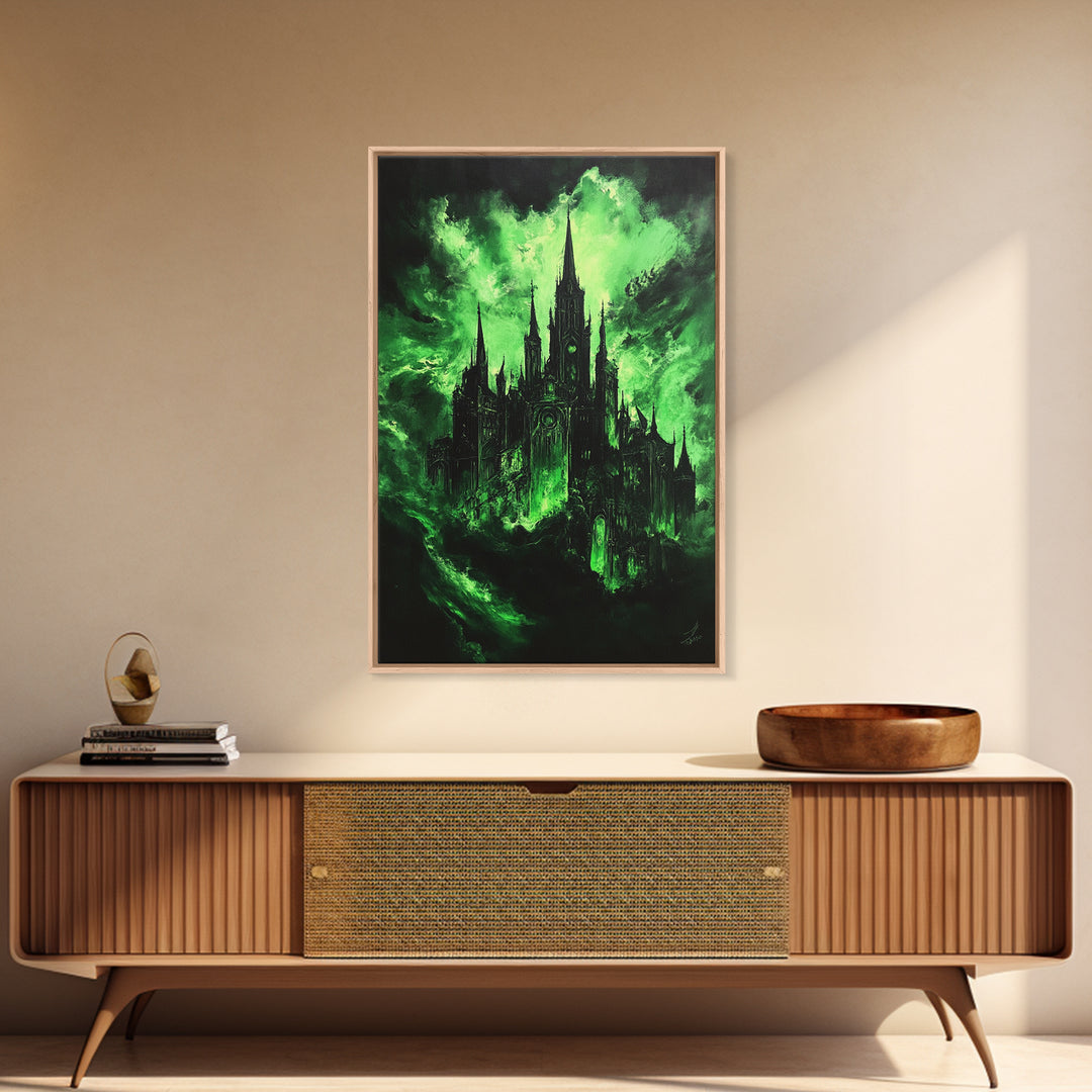 Green Haunted Gothic Cathedral Wall Art, Dark Fantasy Castle Canvas Print, Witchy Decor, Moody Black And Green Poster Print