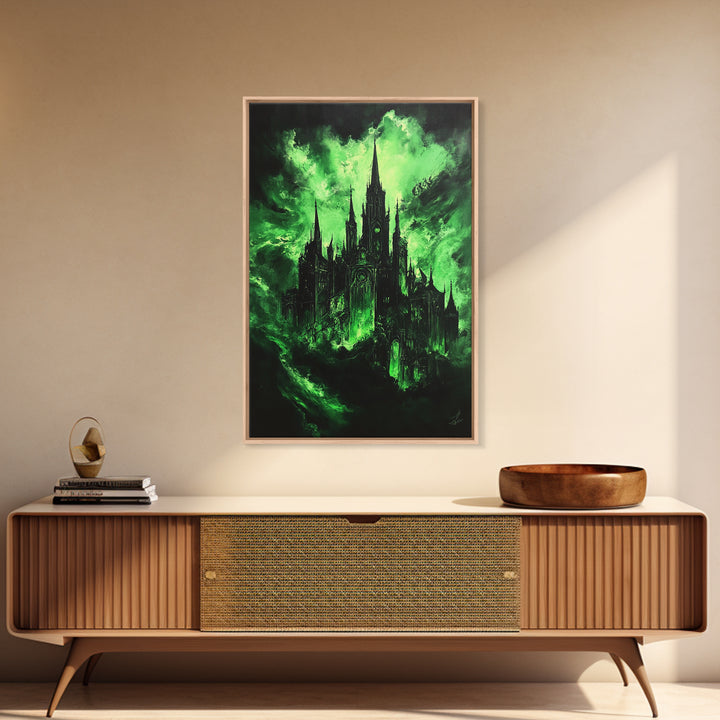 Green Haunted Gothic Cathedral Wall Art, Dark Fantasy Castle Canvas Print, Witchy Decor, Moody Black And Green Poster Print